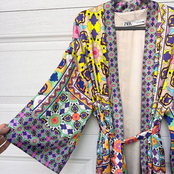 Zara Co-Ord Set multicoloured printed kimono with belt and matching trousers XL - Picture 3 of 15